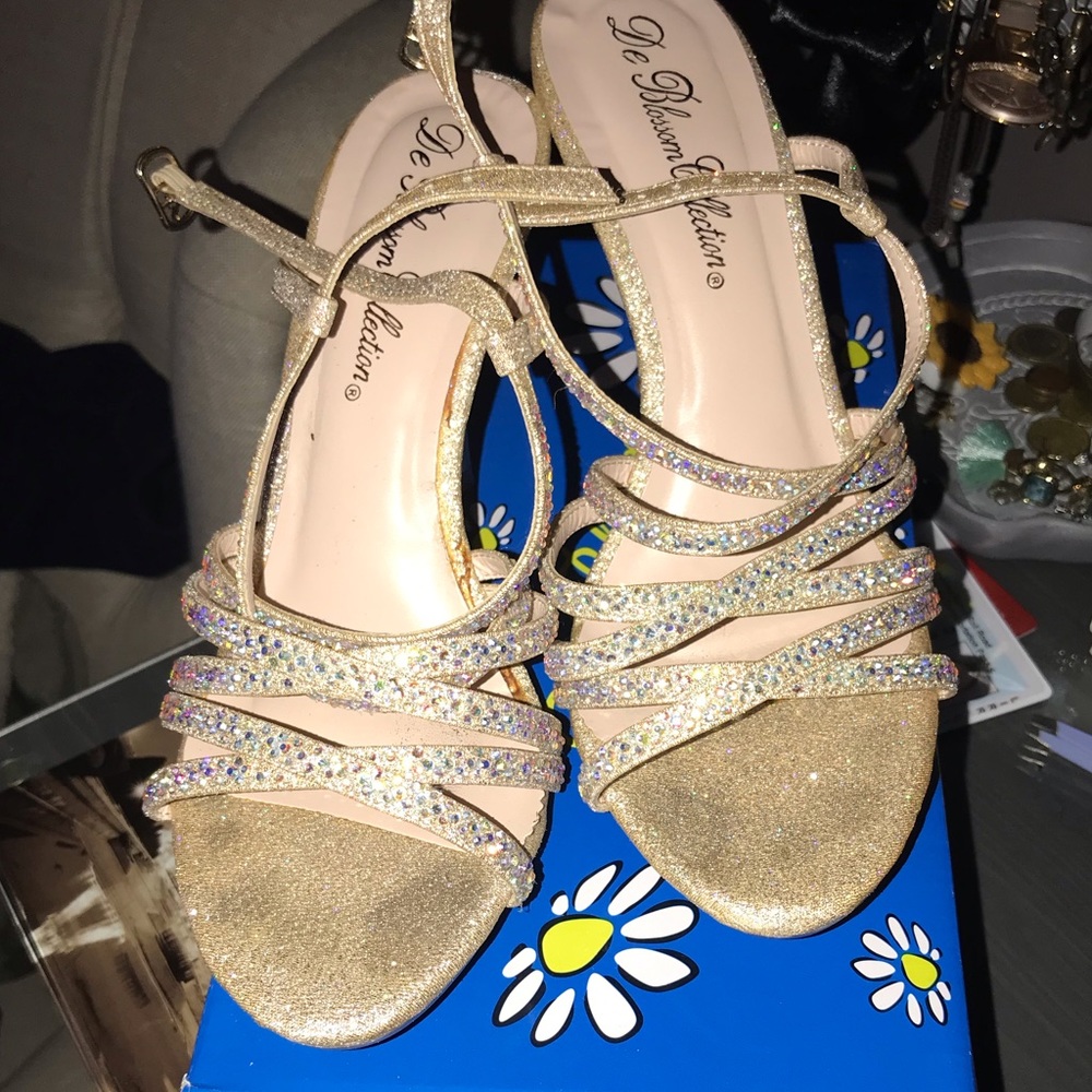 Strapped champagne sparkle heels
